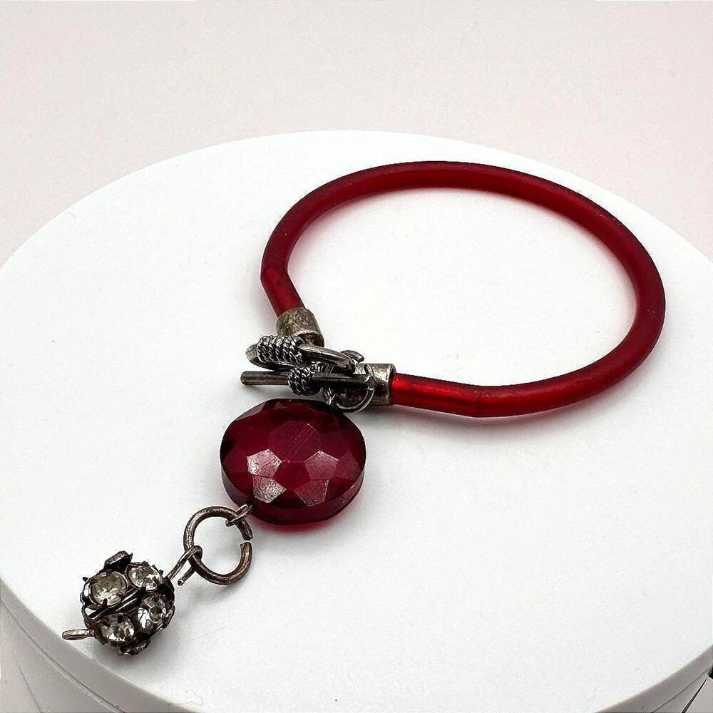Vintage Y2K Red Lucite Bracelet Faceted Bead Rhinestone Ball Charms Jewelry
